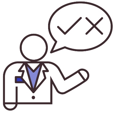 A health care provider with a speech bubble showing a tick and a cross.