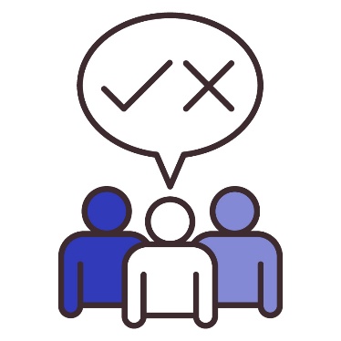 A group of people sharing a speech bubble. Inside the speech bubble is a tick and a cross.