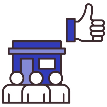 3 people standing in front of a building with a thumbs up icon above.