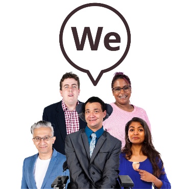 A speech bubble that says 'We' above a group of people.