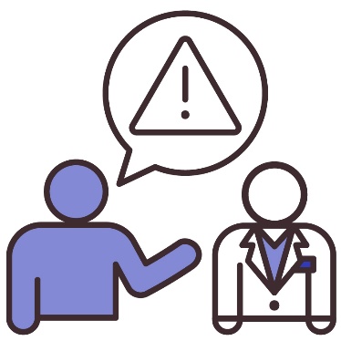A person talking to a health care provider. They have a speech bubble showing a problem icon.