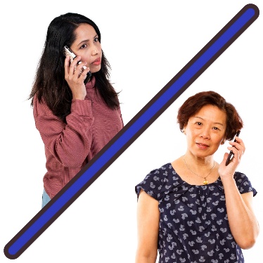 2 people speaking on phones. There is a line between them.