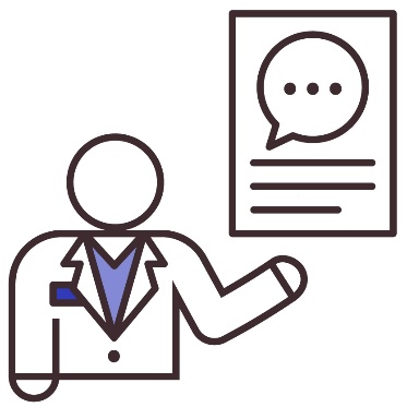 A health care provider pointing at a document showing a speech bubble.