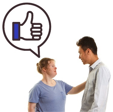 A person talking to their representative. They have a speech bubble showing a thumbs up.