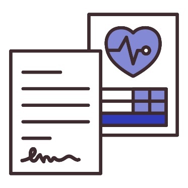 A letter in front of a document showing a medical icon.