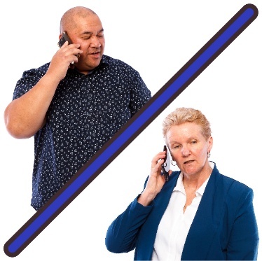 2 people speaking on phones. There is a line between them.