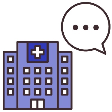 A hospital building next to a speech bubble.