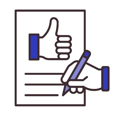 Someone writing in a document showing a thumbs up icon.