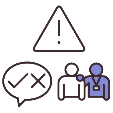 3 icons. A problem icon, a speech bubble showing a tick and a cross, and a person supporting someone.
