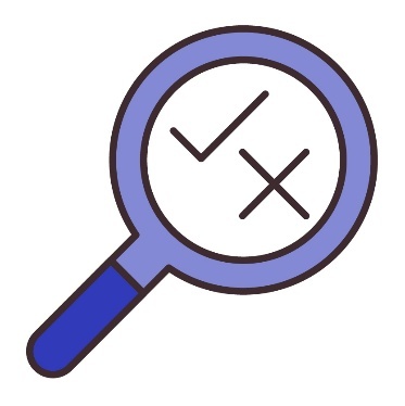 A magnifying glass containing a tick and a cross.