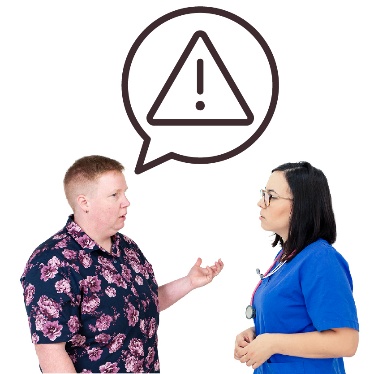 2 people talking with each other. One person has a speech bubble showing a problem icon.