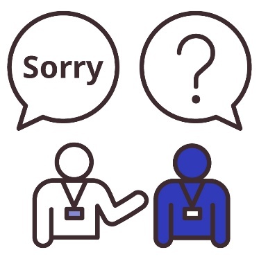 A service worker talking to their manager. Above are speech bubbles showing "sorry" and a question mark.