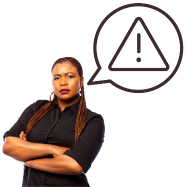 A person with their arms crossed. Above them is a speech bubble with a problem icon inside it.