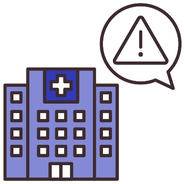 A speech bubble showing a problem icon above a hospital building.